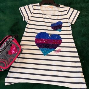 Desigual Girls White & Navy B. Striped Dress with Flippable Sequins & Purse Set